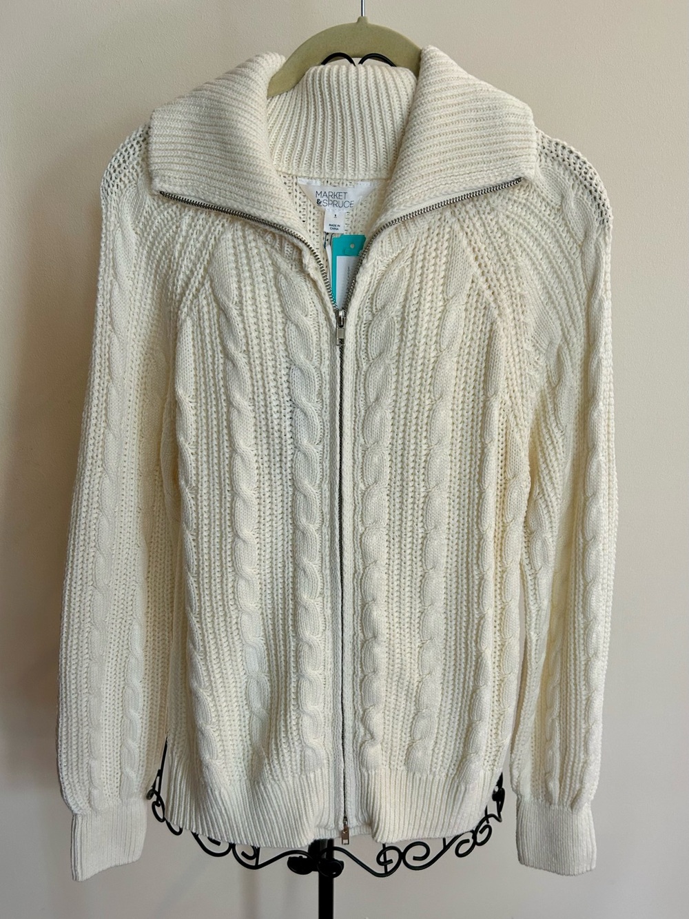 NWT Market & Spruce Cable Knit Zip-Front Sweater Jacket - Cream